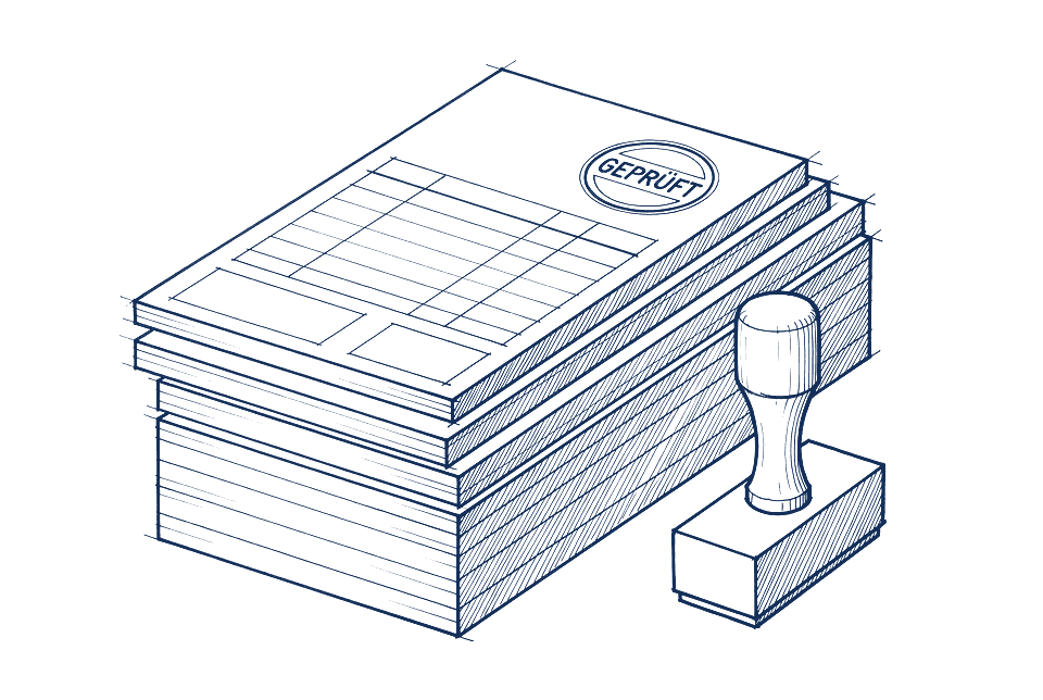 Skizze eines Stapels Datenblätter mit dem Stempel GEPRÜFT